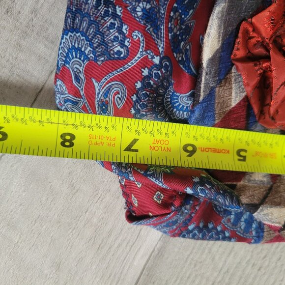 Upcycled Handmade Tie Crossbody Bag With Geometric Patterns & Floral Accent - Picture 8 of 11